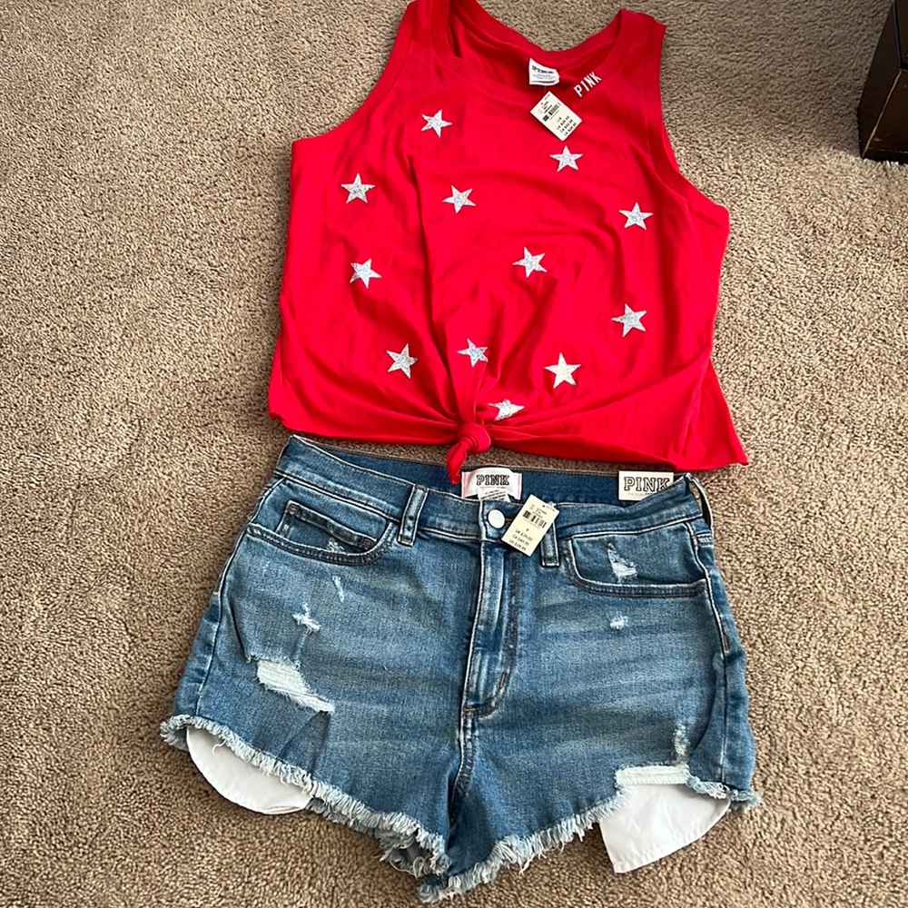 Bundle set!! Victoria’s Secret jean shorts with Red Silver stars T-shirt! NWT